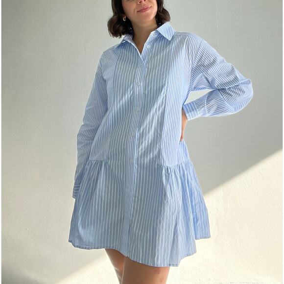 Lalavon Striped Long Sleeve Button Front Mini Shirt Dress Blue L - Picture 1 of 8